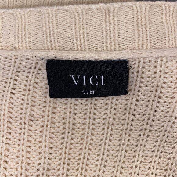 Vici Cable Knit Cardigan Sweater Small/Medium Open Front Ivory Cream Pockets - Picture 4 of 8